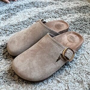 Time and Tru Tan Suede Mules with Gold Buckle